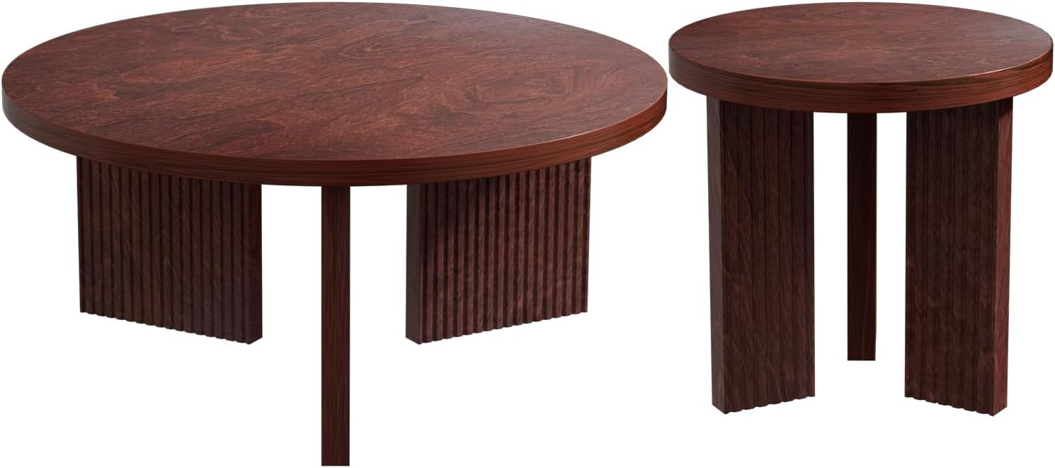 Nesting Coffee Table Set of 2, Modern Wooden Coffee Table with Smooth Thick Design, Circle Tea Table and End Table Set, Accent Center Tables for Living Room, Office, Burgundy