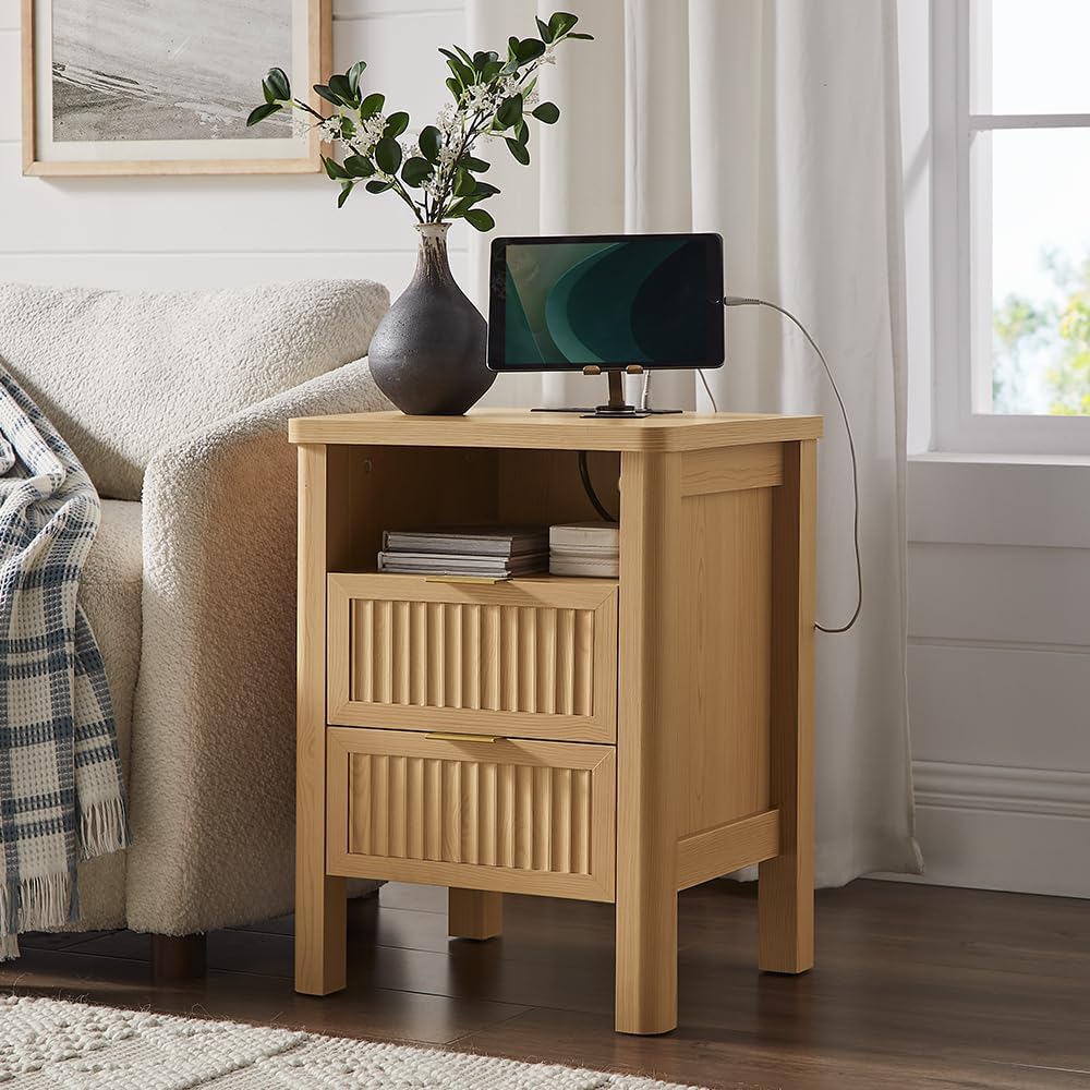 ONBRILL Fluted Night Stand with Charging Station, 23' Modern 2 Drawers End Table, Nightstand Set of 2 with Curved Profile Design, Bed Side Table for Bedroom, Living Room, Natural Oak （2-Pack）