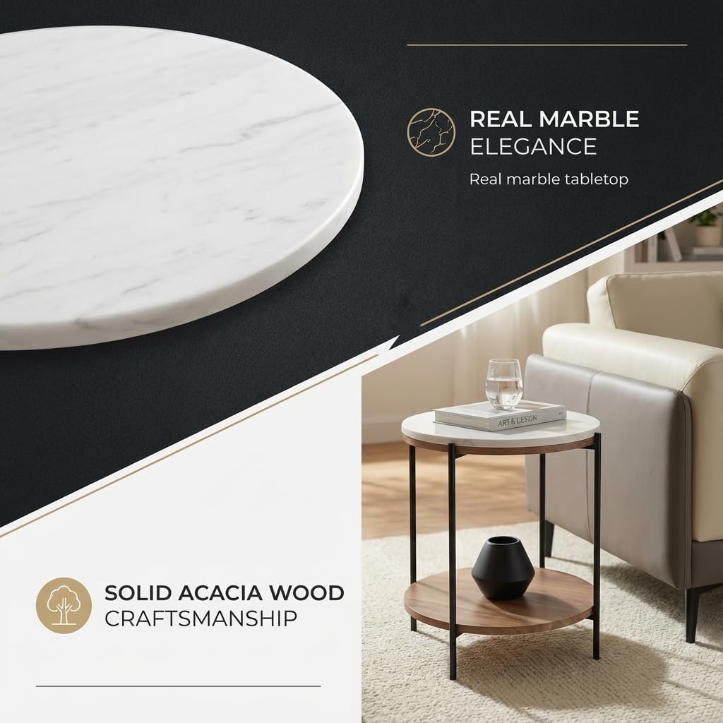 Lyra Round Marble End Table – Solid Acacia Wood Shelf, Open Storage Side Table for Living Room, Bedroom, Entryway, Small Spaces – Nightstand, Plant Stand, Modern Accent Table with Metal Frame