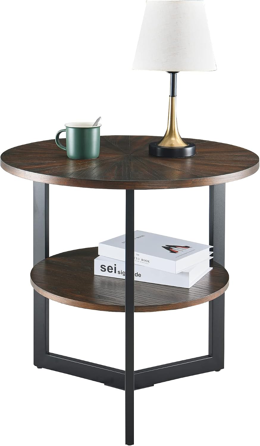 Large End Table with Storage Shelf Rustic Circular Sofa Side Table with Black Metal Legs Solid Wood Nightstand Telephone Table for Living Room Bedroom 25.2'D x 24'H Natural Brown CJZ1338NC