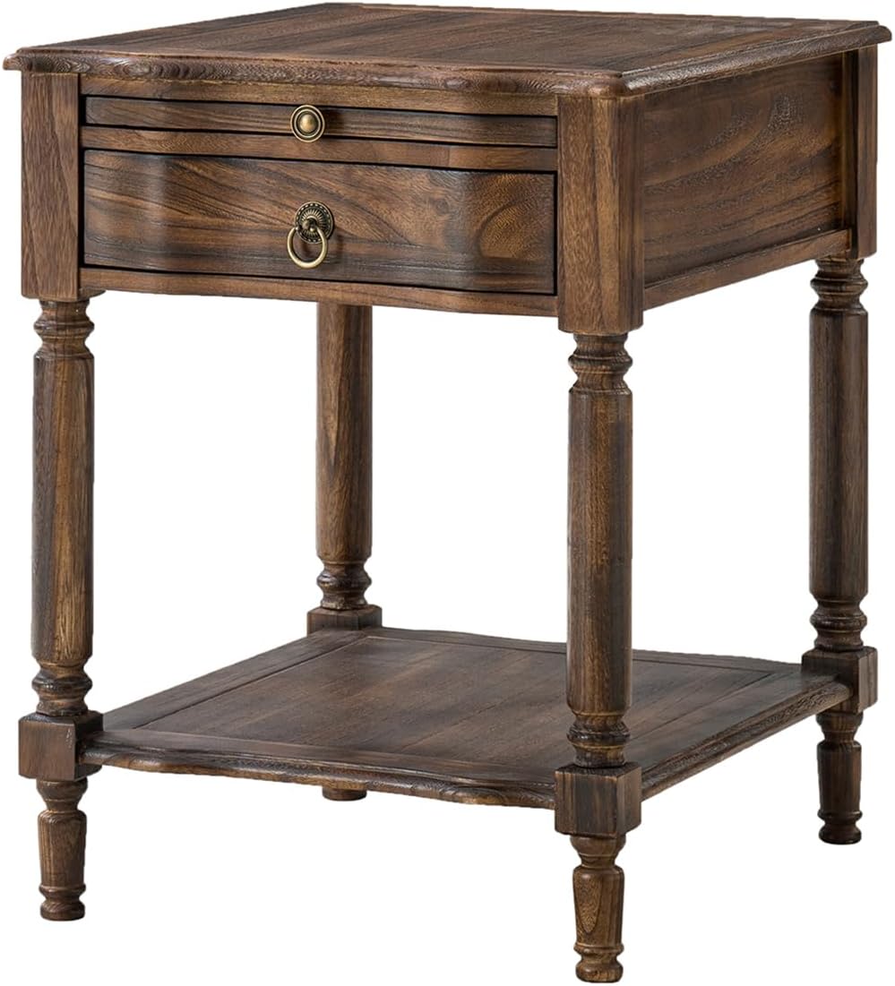 HULALA HOME Small End Table with Charging Station, Solid Wood Side Table with a Drawer & Open Shelf, Vintage Finish, Spindle Legs(Walnut)