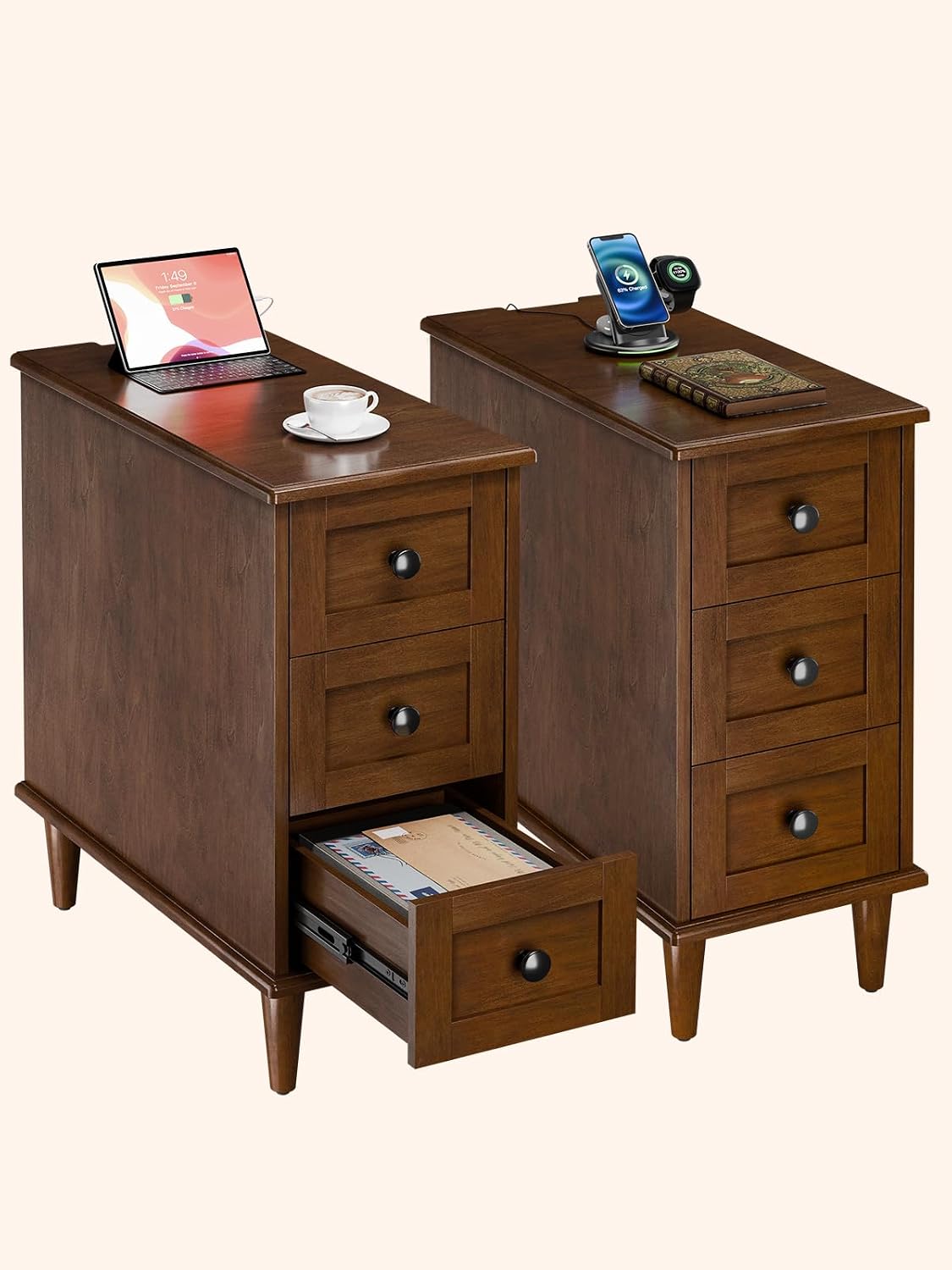 End Table Set of 2, Built-in Charging Station, No Assembly Required 3-Drawer Narrow Side Table with Outlets and USB Ports, Slim Nightstand for Living Room, Bedroom, Entryway