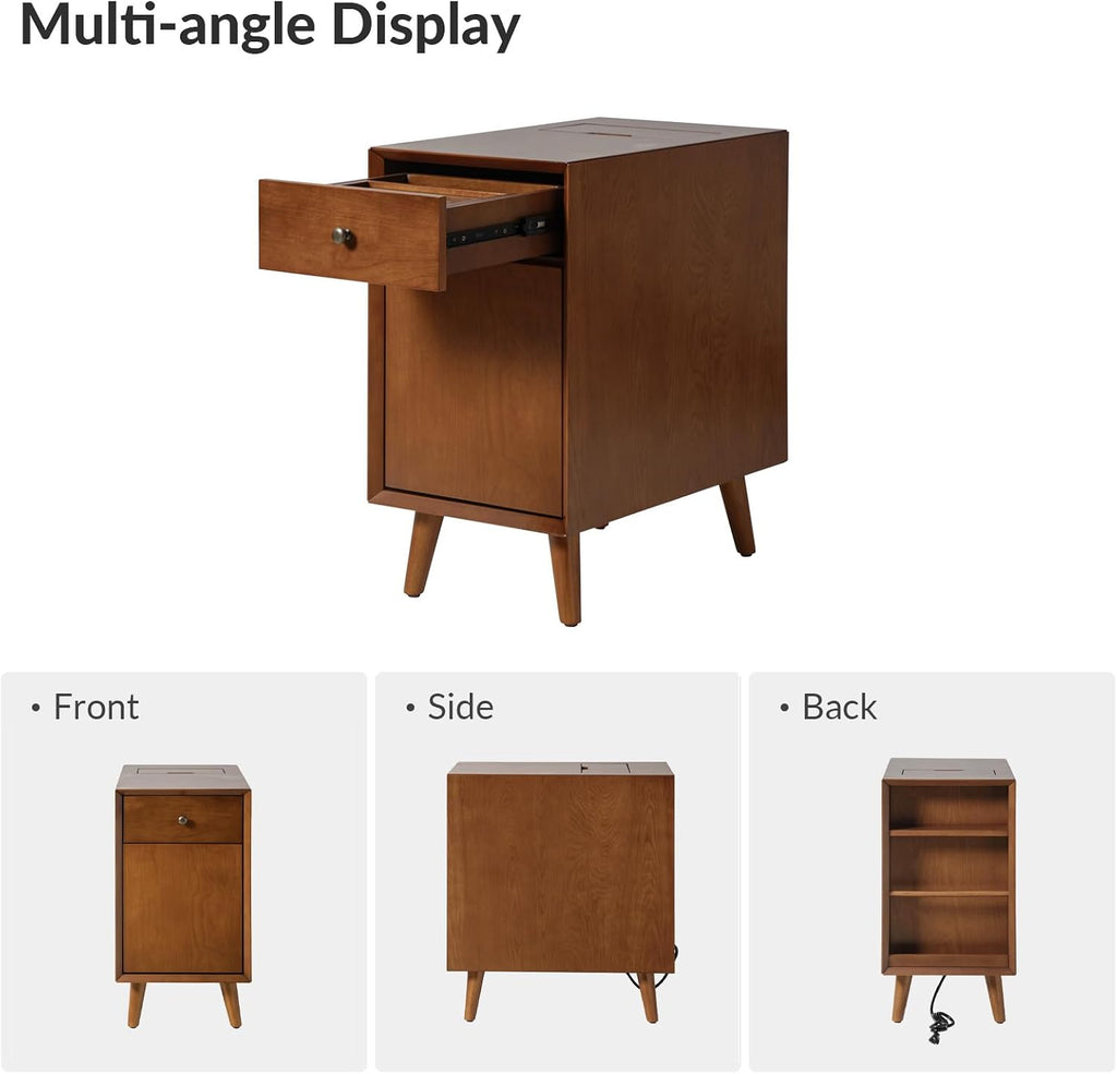 HULALA HOME Side Table with Drawers and Charging Station Set 0f 2, Modern End Table with USB Ports and Outlets, Wooden Night Stand with Storage for Couch,Living Room&Bedroom(Acorn
