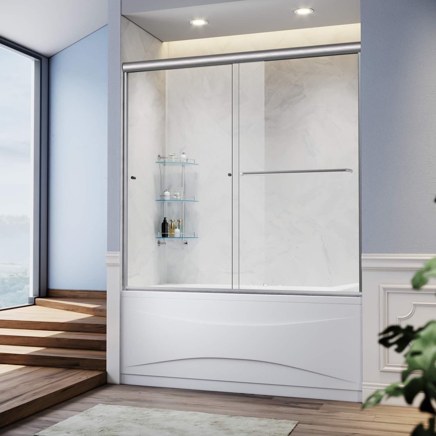 SUNNY SHOWER Bathtub Door 60' W x 57.4' H Bathtub Glass Sliding Shower Tub Door 1/4' Clear Glass, Brushed Nickel Finish