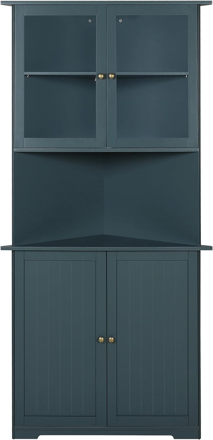 BlueWish 71' Corner Cabinet, Storage Cabinet with Glass Doors and Shelves, Corner Kitchen Cabinets, Hutch Cabinets for Display Living Room Office Bathroom, Dark Teal
