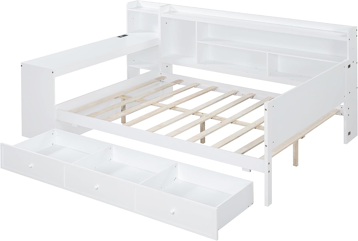 SOFTSEA Full Size Daybed with Storage Drawers & Bokcase, Wood Daybed with Desk, Bookcase & USB Ports for Kids Teens Adults, L Shaped Bed Frame with Convertible Headboard for Bedroom Living Room, White