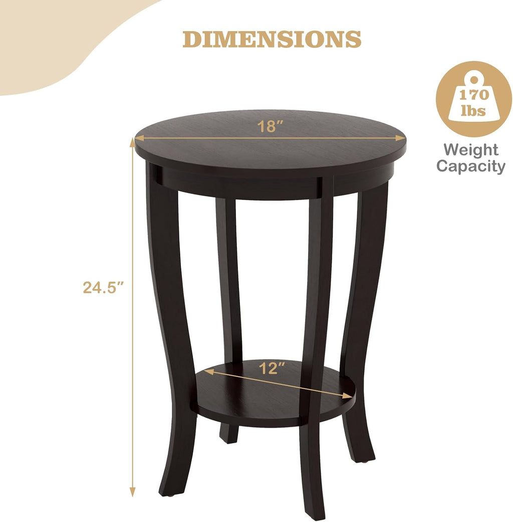 Giantex Round End Tables Set of 2, 2 Tier Side Table with Storage Shelf and Solid Wood Legs, 18' x 18' Accent Table for Corner Small Spaces, Compact Night Stand for Living Room Bedroom, Espresso