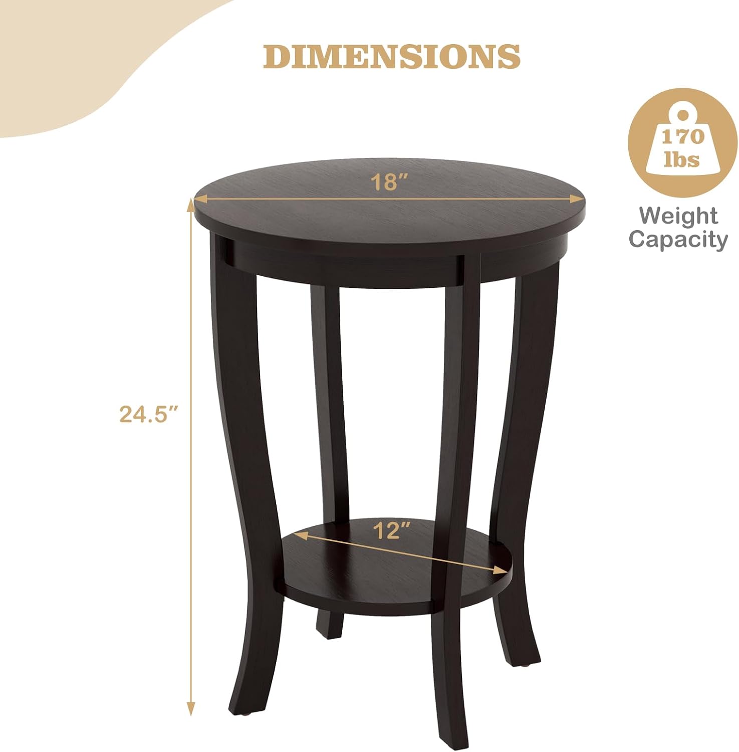 Giantex Round End Tables Set of 2, 2 Tier Side Table with Storage Shelf and Solid Wood Legs, 18' x 18' Accent Table for Corner Small Spaces, Compact Night Stand for Living Room Bedroom, Espresso