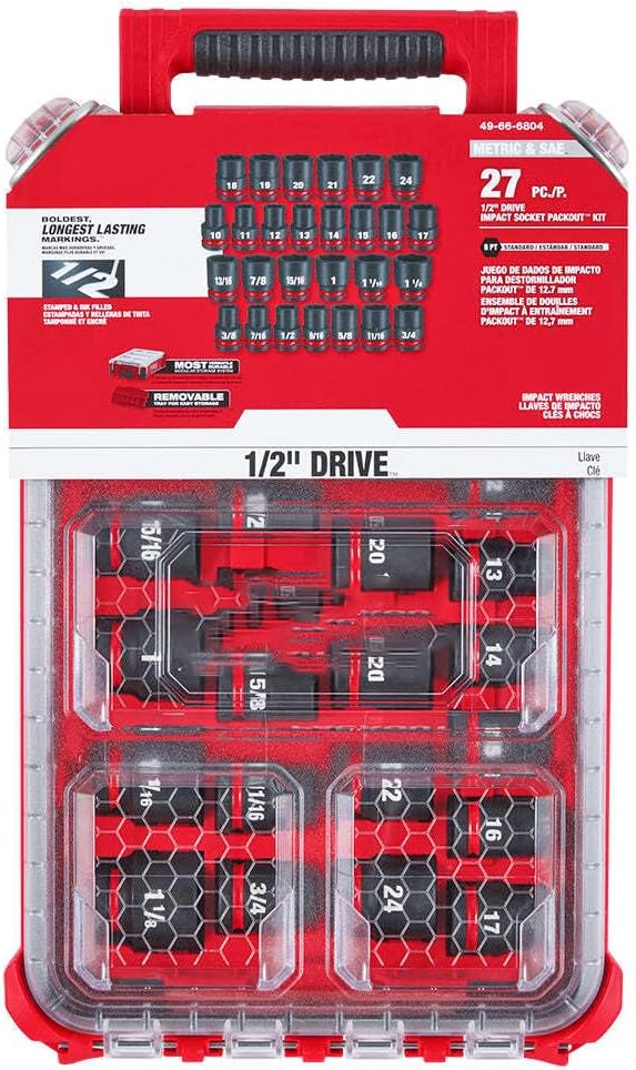 Socket Set For Milwaukee 49-66-6804 1/2' Impact Duty Socket MM Packout Set (Size:15.2 x 4.6 x 4.6 in) - 27 PC, Red,black