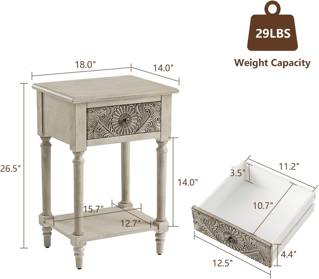 COSIEST 2 Pieces Vintage Nightstand, MDF 2-Tier Bedside Table, Wood Accent End Table with Storage Drawer and Open Display Shelf for Bedroom Living Room