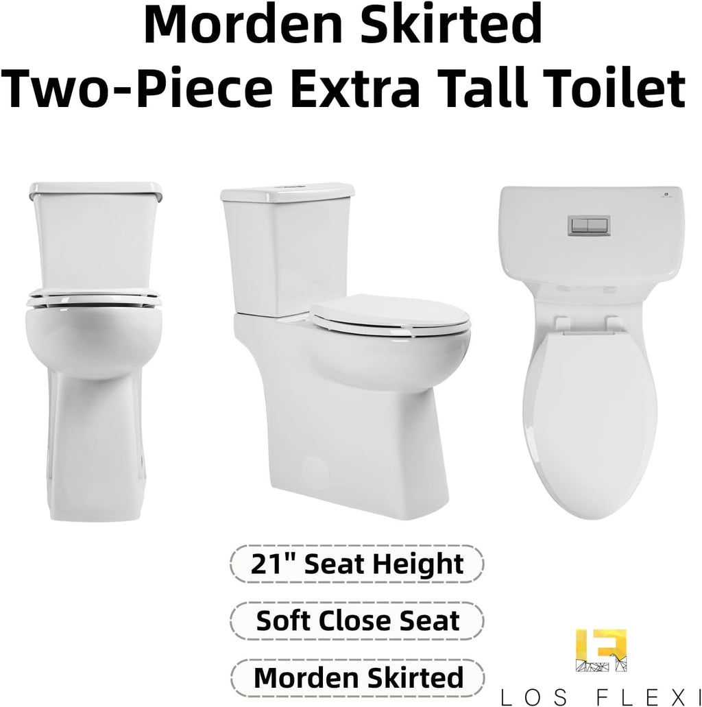 21 Inch Tall Toilet With Skirted Design, Los Flexi Two Piece Extra High Toilet for Tall Height & Seniors, 1.1/1.28 GPF Dual Flush, Powerful Siphon Jet, Quick Install and Soft-Close Seat, 12'' Rough-In