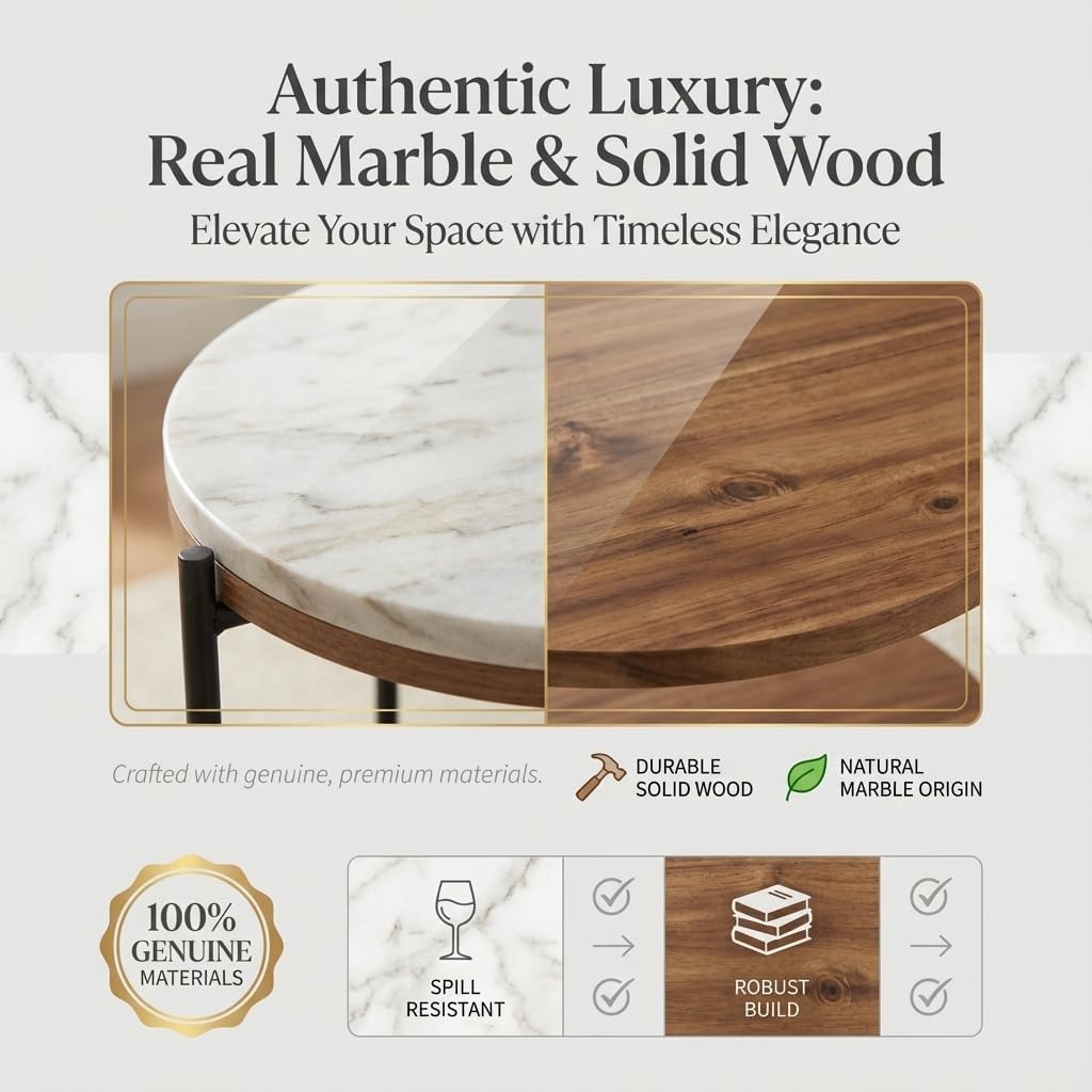 Lyra Round Marble End Table – Solid Acacia Wood Shelf, Open Storage Side Table for Living Room, Bedroom, Entryway, Small Spaces – Nightstand, Plant Stand, Modern Accent Table with Metal Frame
