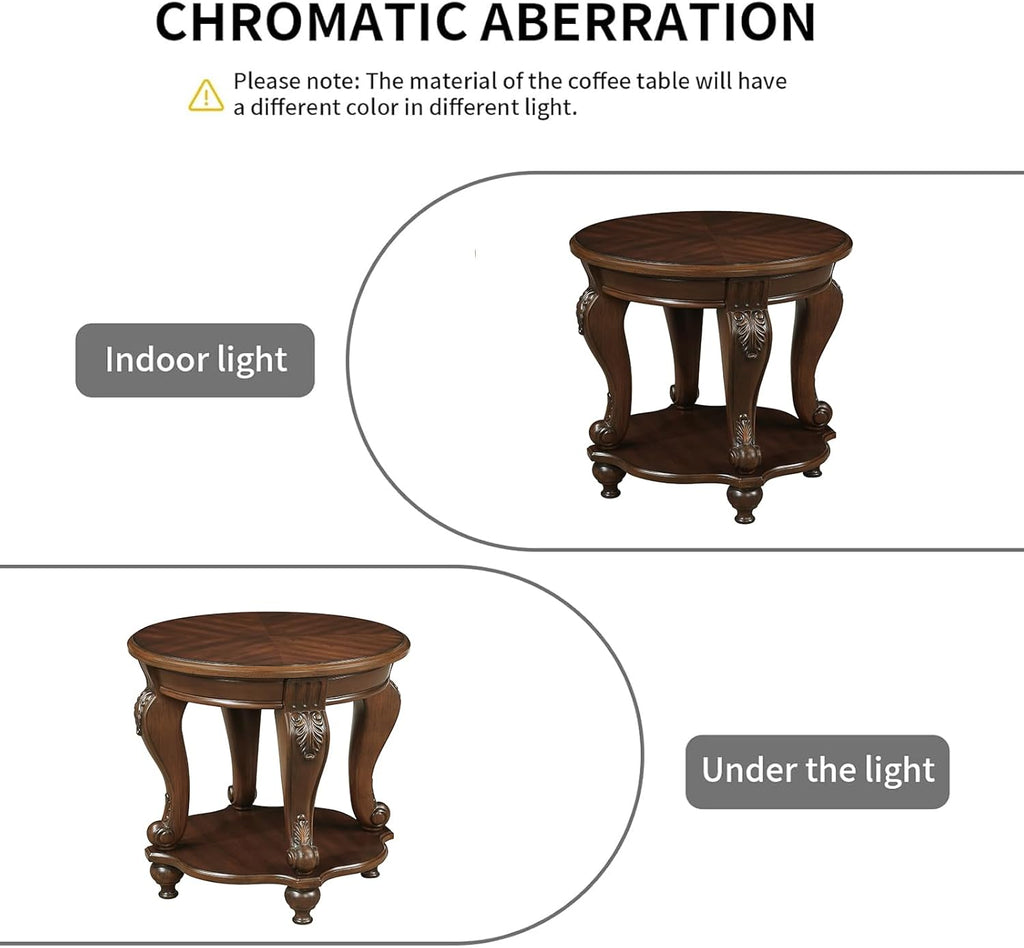 Vintage Small Round End Table 22' Wood Side Table, Antique Table Legs with Elegant Carvings, Easy Assembly, Cherry
