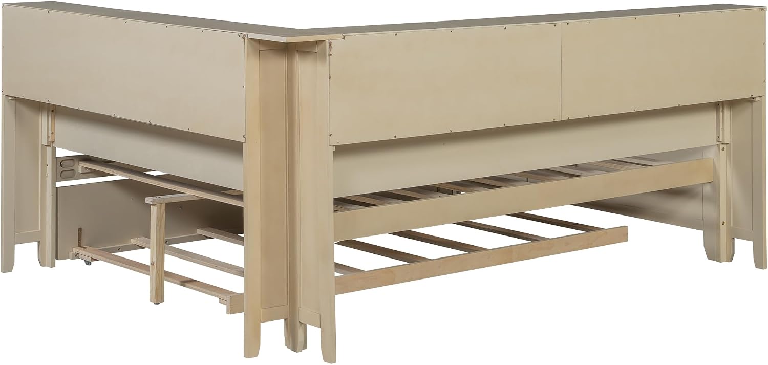 MERITLINE Full Size L-Shaped Daybed with Storage Shelf and Trundle, Wood Corner Bed with Headboard for Bedroom Living Room, Space Saving, Antique White Milk