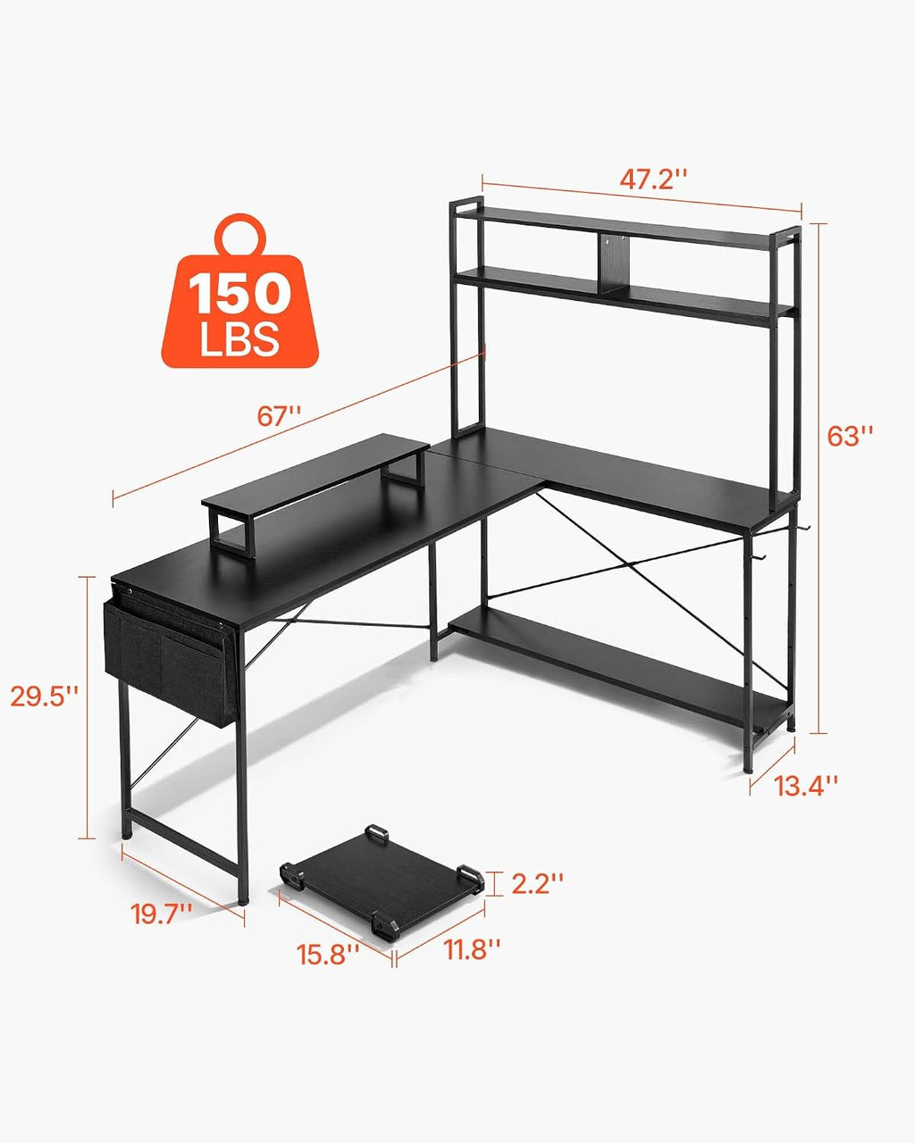 VEVOR L-Shaped Computer Desk, 67-inch Reversible Corner Gaming Desk with Monitor Stand & Movable CPU Stand, Modern Stylish PC Table Sturdy Work Workstation for Home Office - Easy to Assembly