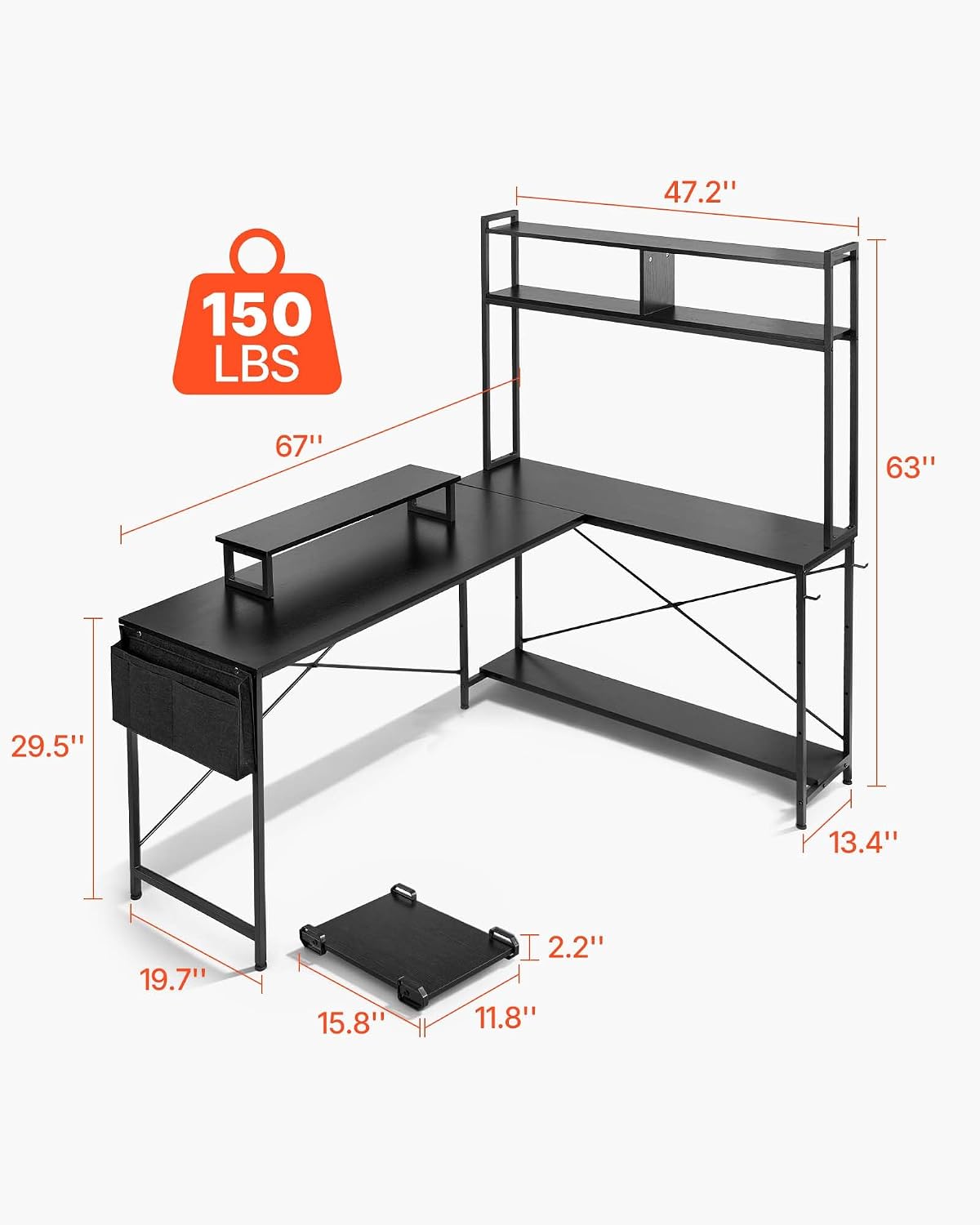 VEVOR L-Shaped Computer Desk, 67-inch Reversible Corner Gaming Desk with Monitor Stand & Movable CPU Stand, Modern Stylish PC Table Sturdy Work Workstation for Home Office - Easy to Assembly