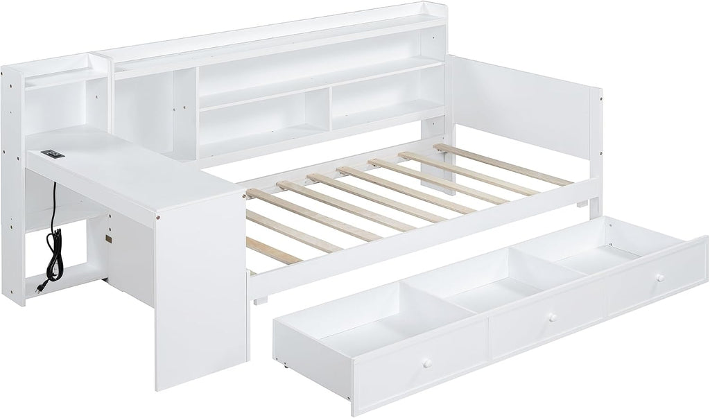 LUMISOL Twin Size Daybed Bed with Desk and Storage, Solid Wood Corner Bed with Bookcase Headboard & Charging Station, Space-Saving L-Shaped Day Bed Frame for Living Room, Guest Room, White