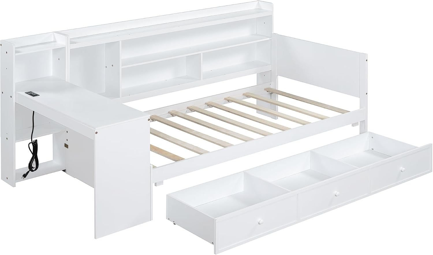 LUMISOL Twin Size Daybed Bed with Desk and Storage, Solid Wood Corner Bed with Bookcase Headboard & Charging Station, Space-Saving L-Shaped Day Bed Frame for Living Room, Guest Room, White