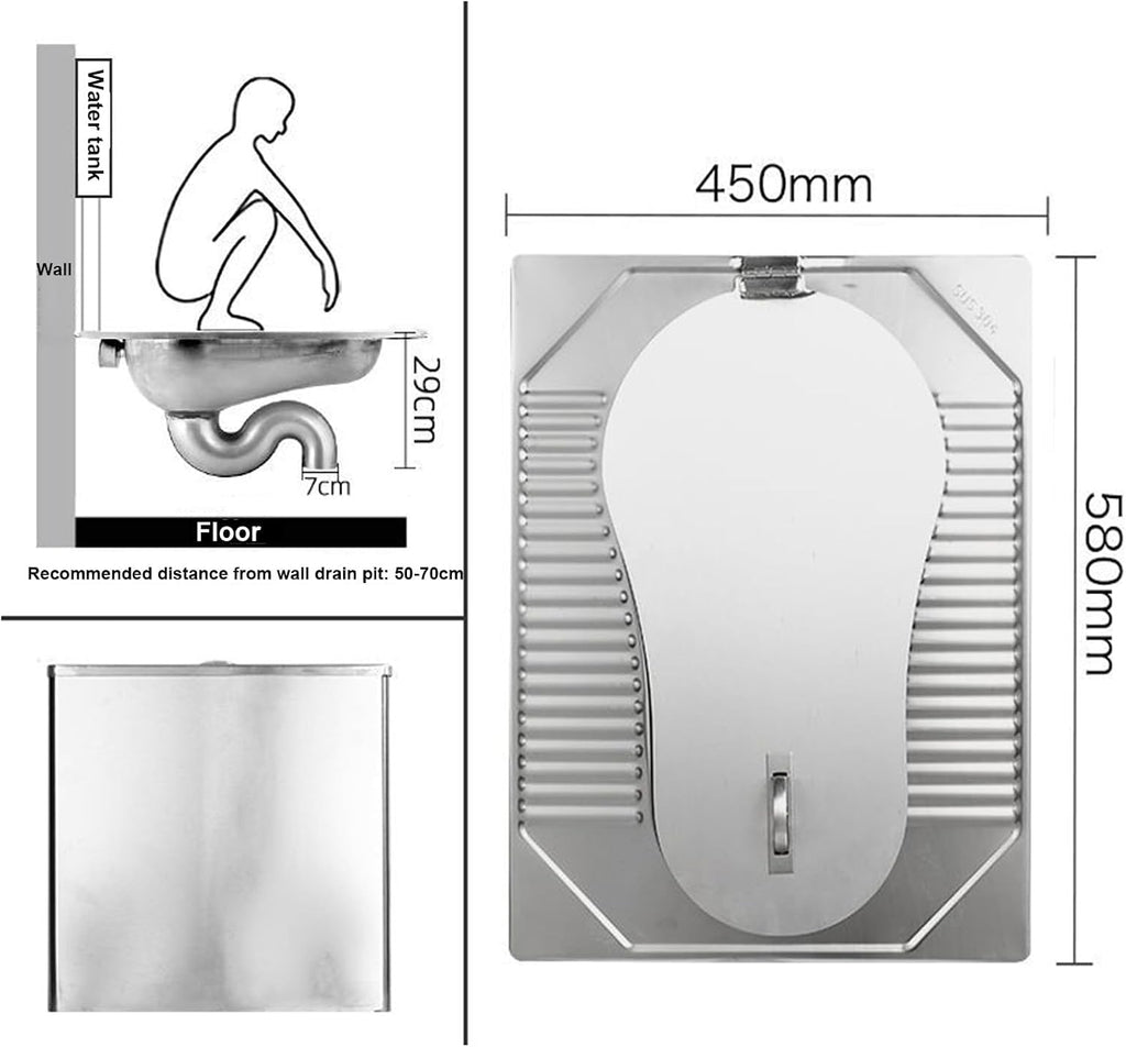 Stainless Steel Squat Toilet With Lid, Odor-Proof Squat Toilet Set With Water Tank, Public Toilet Water Tank Set for Trains, Airports & Public Restrooms,With S bend