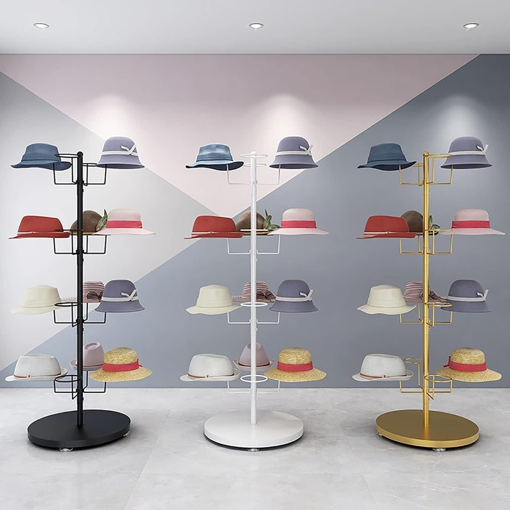 Standing Hat Display Stand - 4-Layer Mobile Metal Organizer Rack for Helmets, Baseball Caps, Wigs & Cowboy Hats, Large Capacity with Lockable Wheels(Gold)