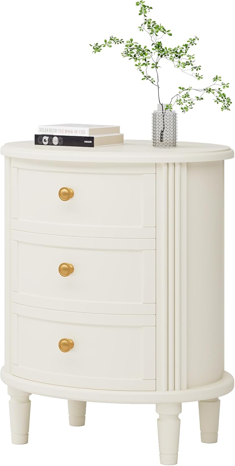 Tribesigns Nightstand with 3 Drawers, Oval Bed Side Table for Bedroom, Fully Assembled, Farmhouse Night Stand with Storage, Wooden Side End Table with Solid Wood Legs for Living Room, Beige White