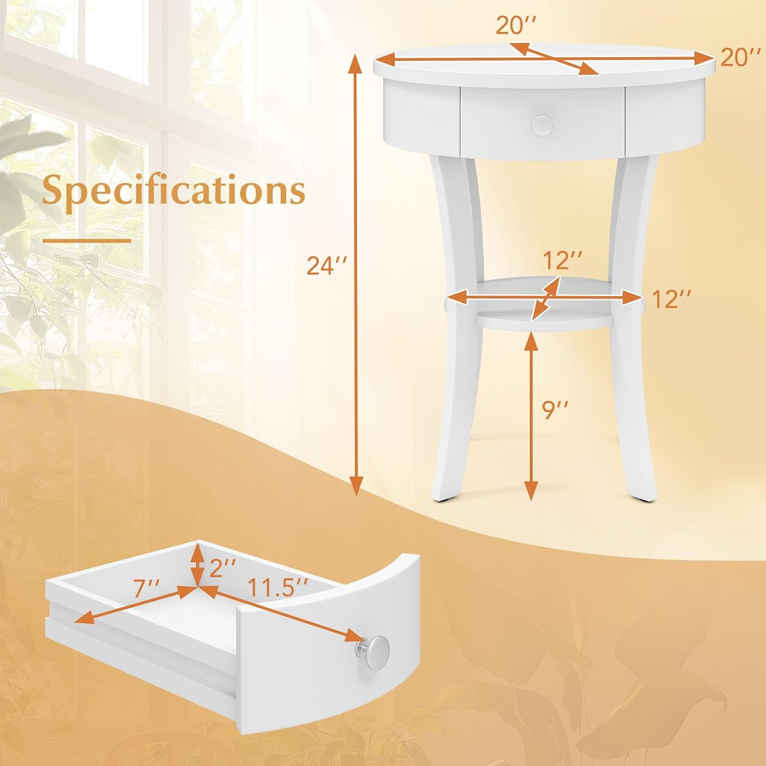 GOFLAME Round End Table with Drawer Set of 2, Sofa Side Table with Solid Wood Legs, Open Storage Shelf, Vintage Accent Table, Display Table, 2-Tier Compact Nightstand for Living Room, White