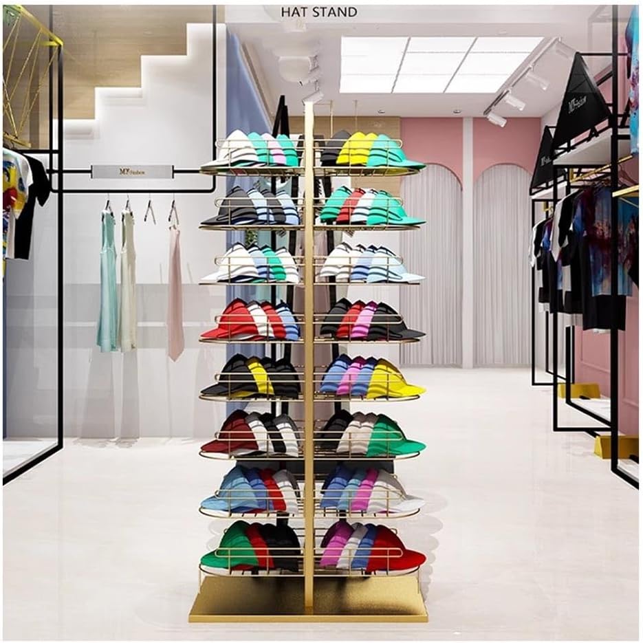 8 Tier Hat Display Stand Metal, Standing Hat Organizer Rack for Baseball Caps/Cowboy Hats/Full Brim Hat Easy Assembly,Gold-60X30X132Cm