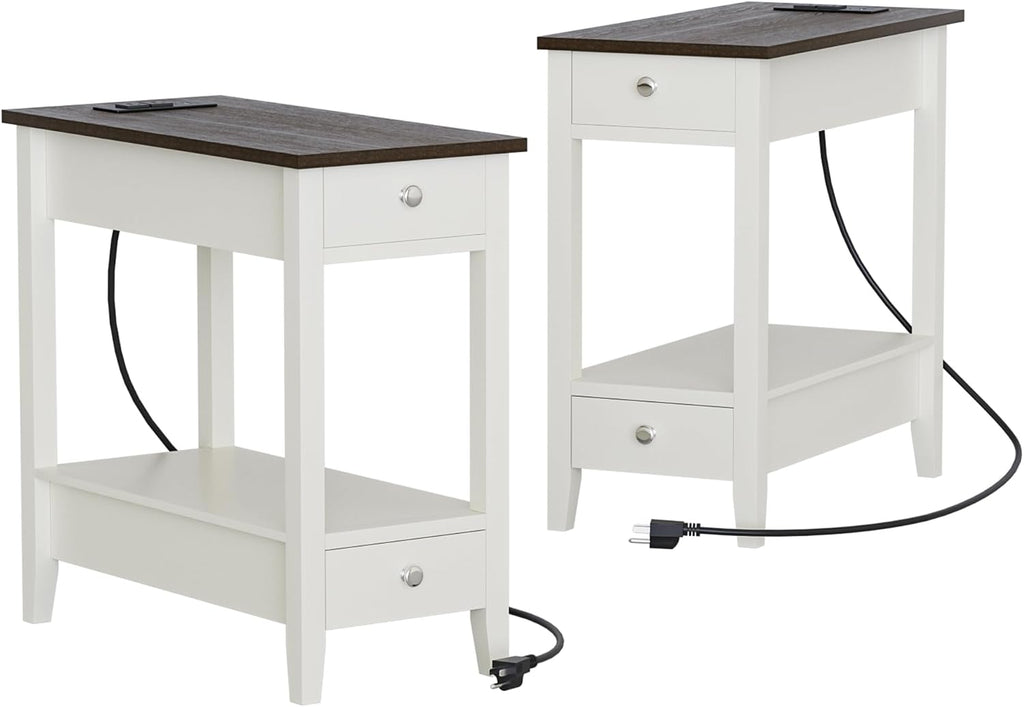 Treocho Farmhouse End Tables Living Room Set of 2, Narrow Side Table with Charging Station, Soft White Table Bedside Sofa for Small Spaces, Living Room, Bedroom