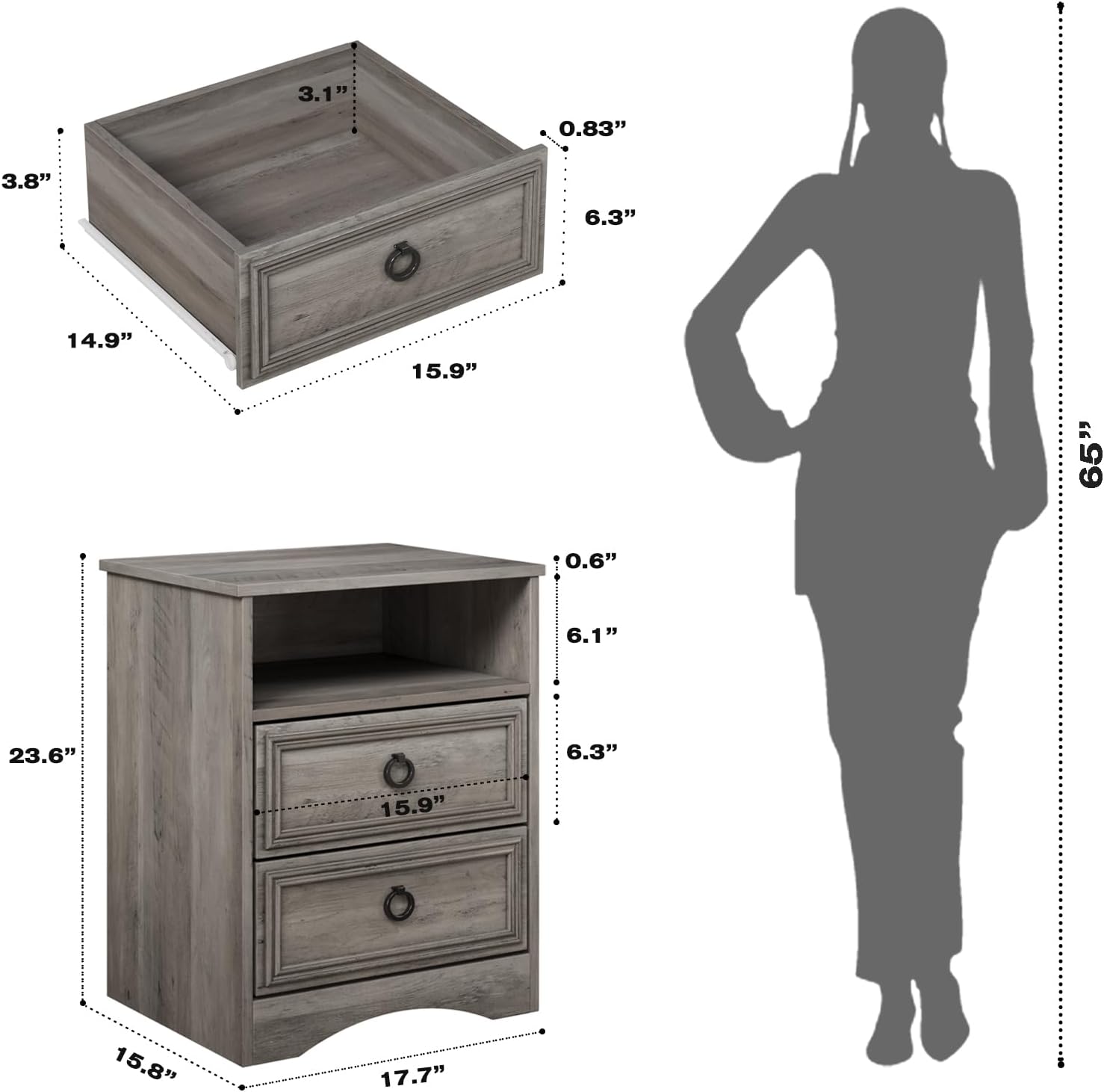 Set of 2 Nightstand with 2 Drawers, 18'W Night Stand with Drawers for Bedroom, Large Accent Bed Side Table and End Table with Open Compartment-Easy Pull Handle, Textured Border for Living Room,Gray