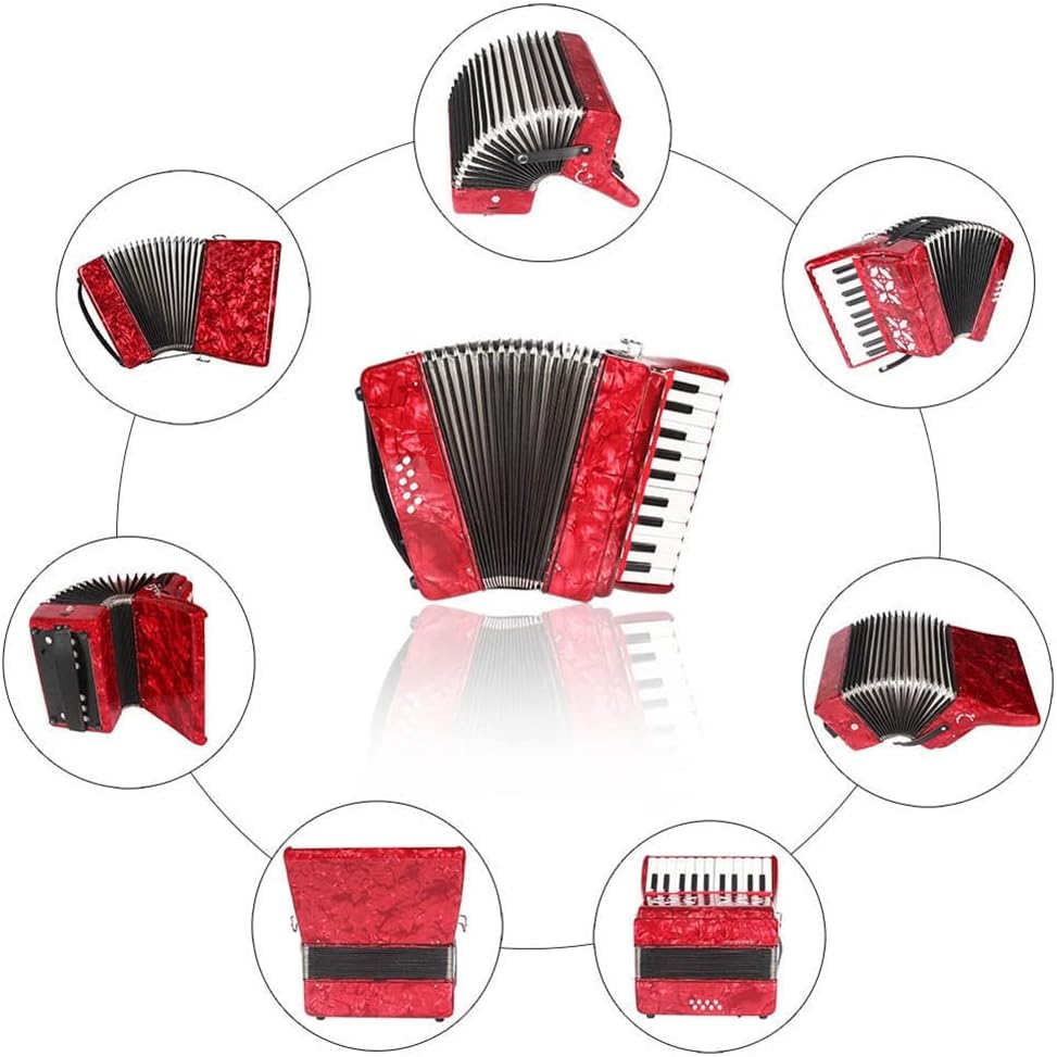 22 Buttons Accordion, 22 Keys 8 Bass Exquisite Celluloid Piano Accordion with Adjustable Straps, Professional Musical Instruments for Adults Beginners (Color : Red)