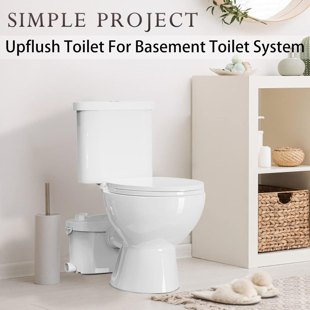 Simple Project Macerating Toilet With 600W Pump, Upflow Toilet System With 4 Water Inltes - Upflush Toilets For Basement With Macerator Pump - Two-piece Macerating Toilets System