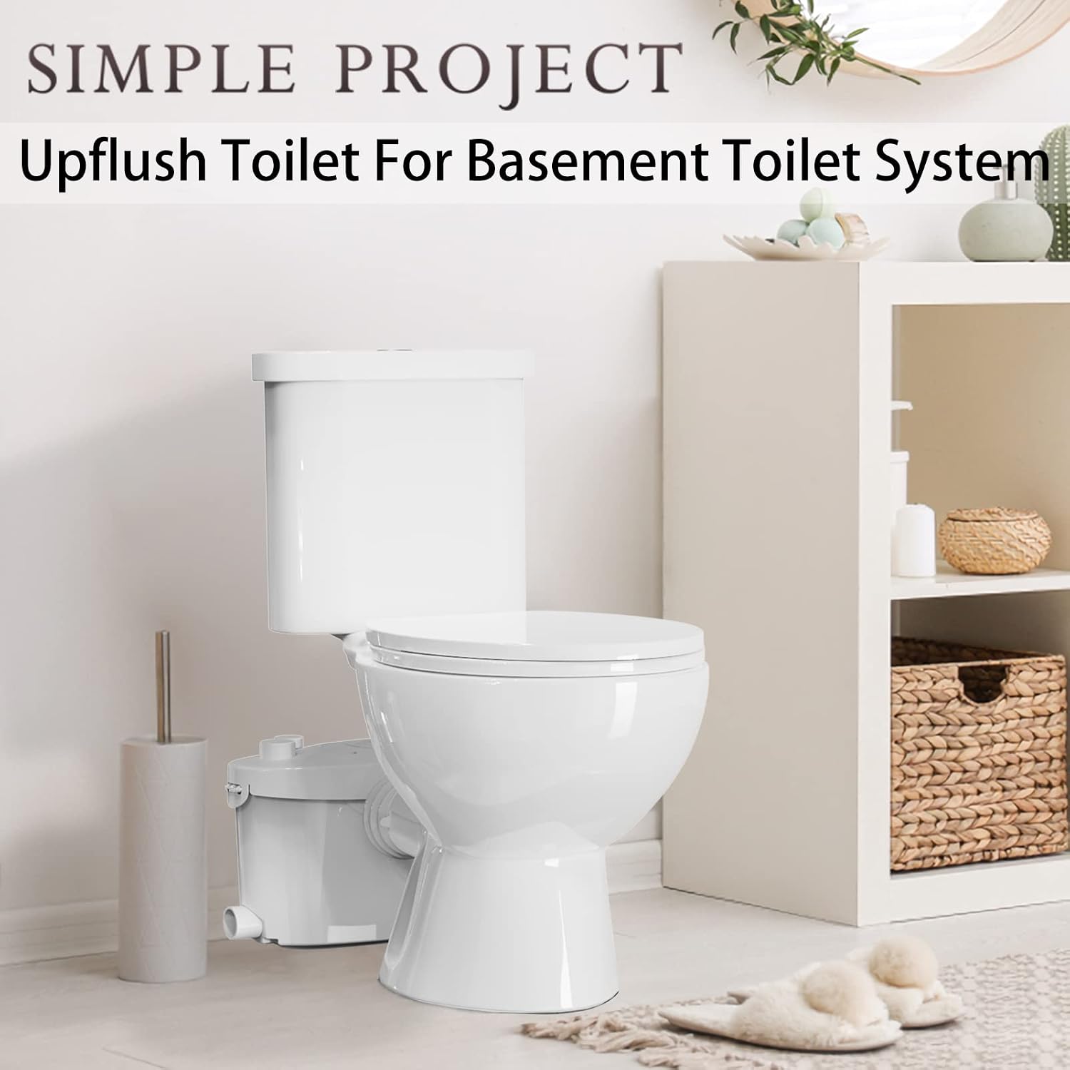Simple Project Macerating Toilet With 600W Pump, Upflow Toilet System With 4 Water Inltes - Upflush Toilets For Basement With Macerator Pump - Two-piece Macerating Toilets System