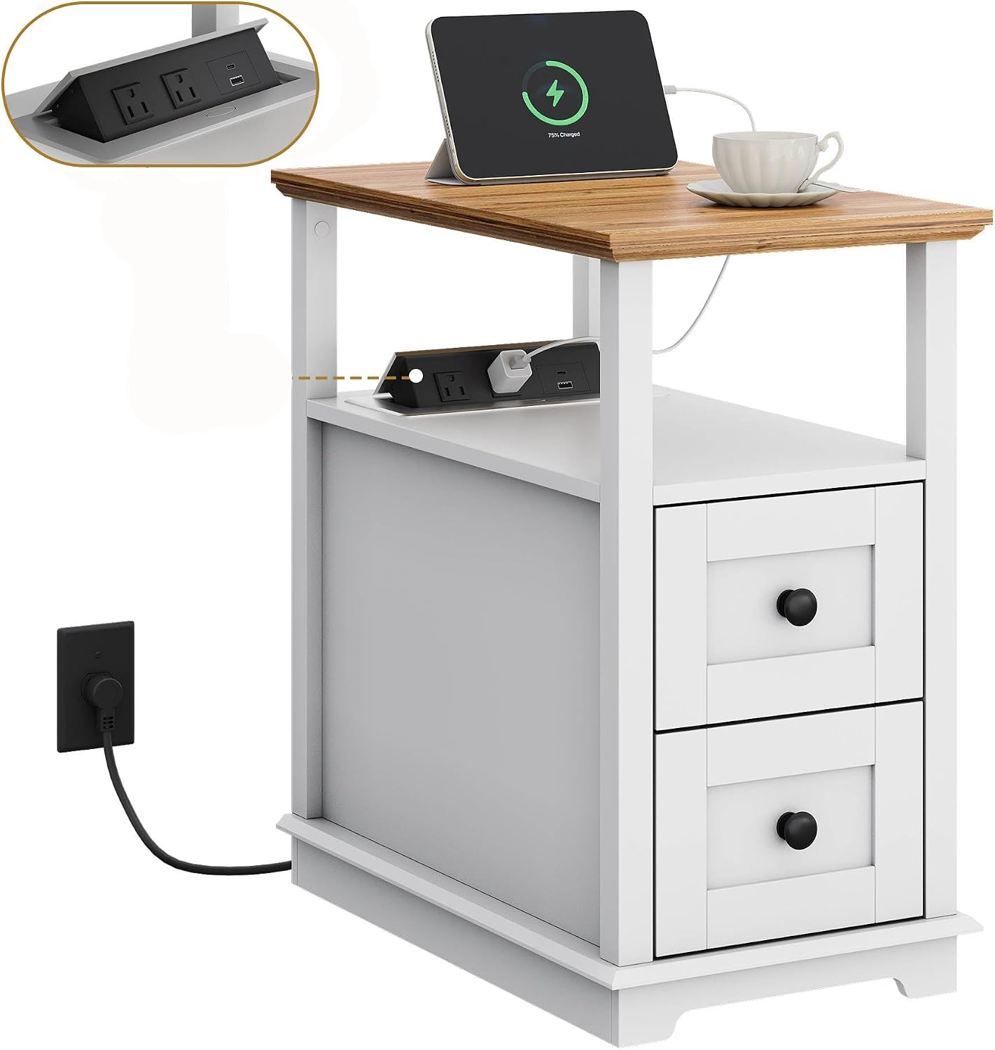 WLIVE End Table with Charging Station, Narrow Side Table for Living Room, Farmhouse Nightstand with Storage, Small Wooden Cabinet with USB Ports and Outlets for Living Room and Bedroom, White