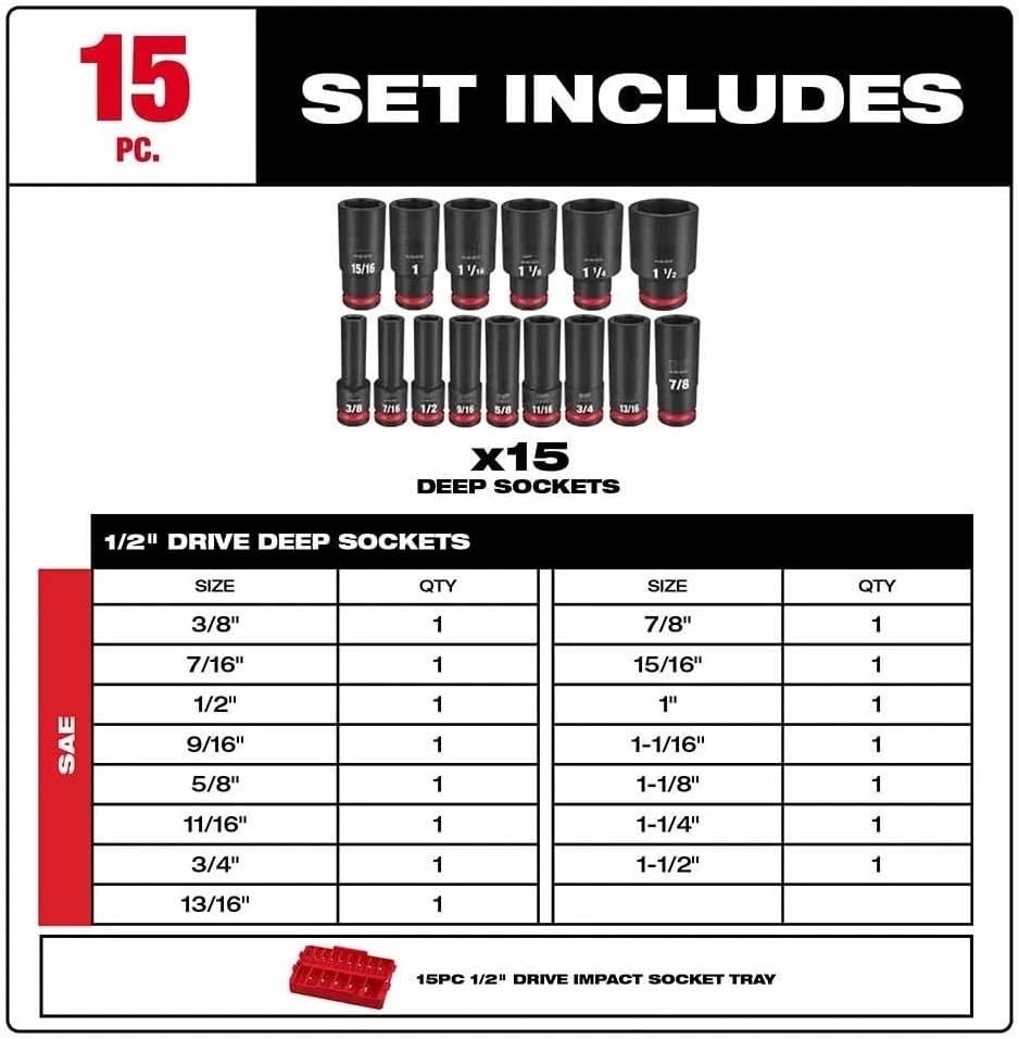 15PC 49-66-6817 for Milwaukee 1/2' Socket Set - Red