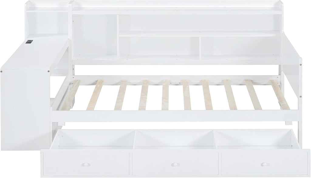 LUMISOL Twin Size Daybed Bed with Desk and Storage, Solid Wood Corner Bed with Bookcase Headboard & Charging Station, Space-Saving L-Shaped Day Bed Frame for Living Room, Guest Room, White