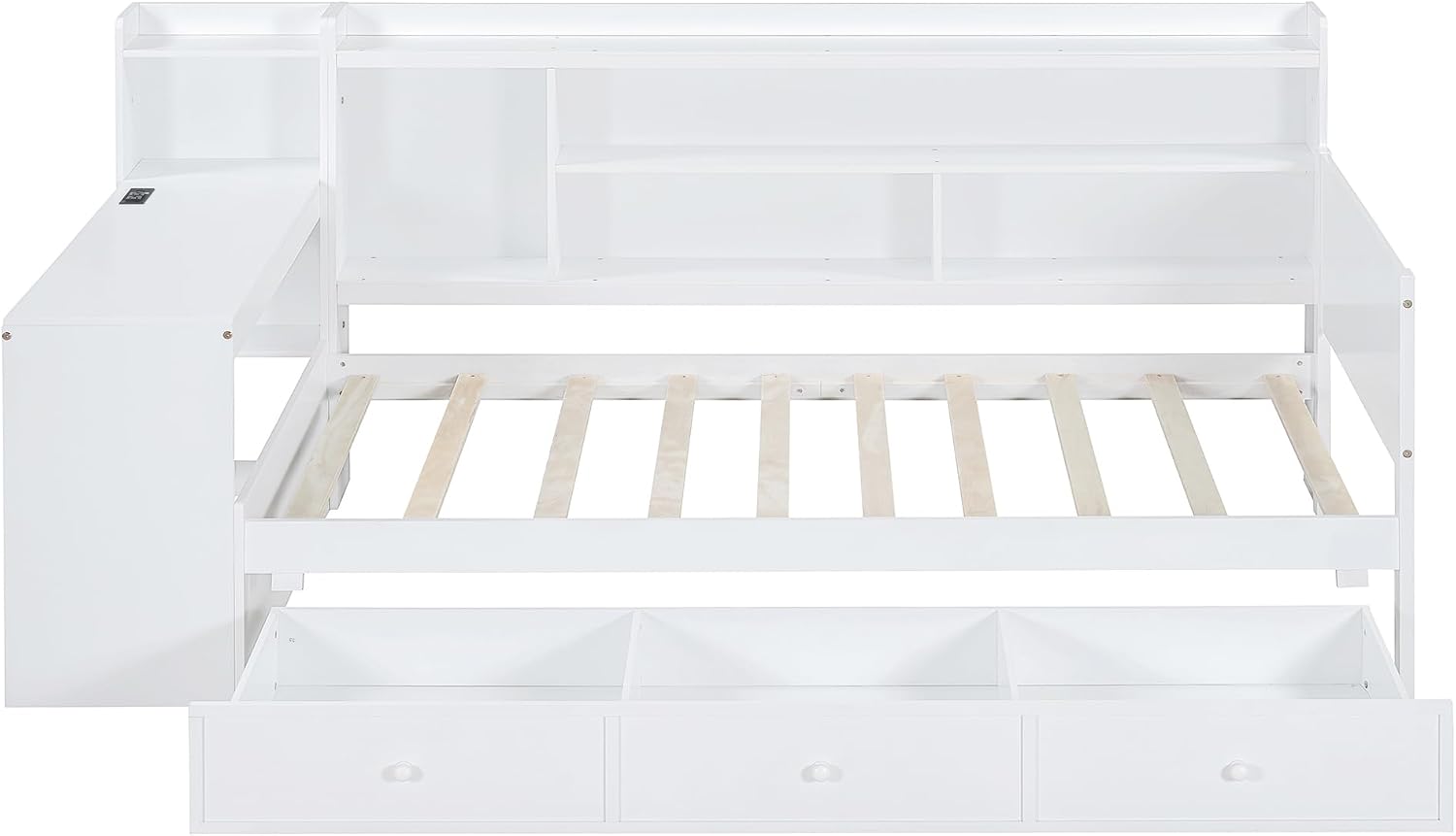 LUMISOL Twin Size Daybed Bed with Desk and Storage, Solid Wood Corner Bed with Bookcase Headboard & Charging Station, Space-Saving L-Shaped Day Bed Frame for Living Room, Guest Room, White