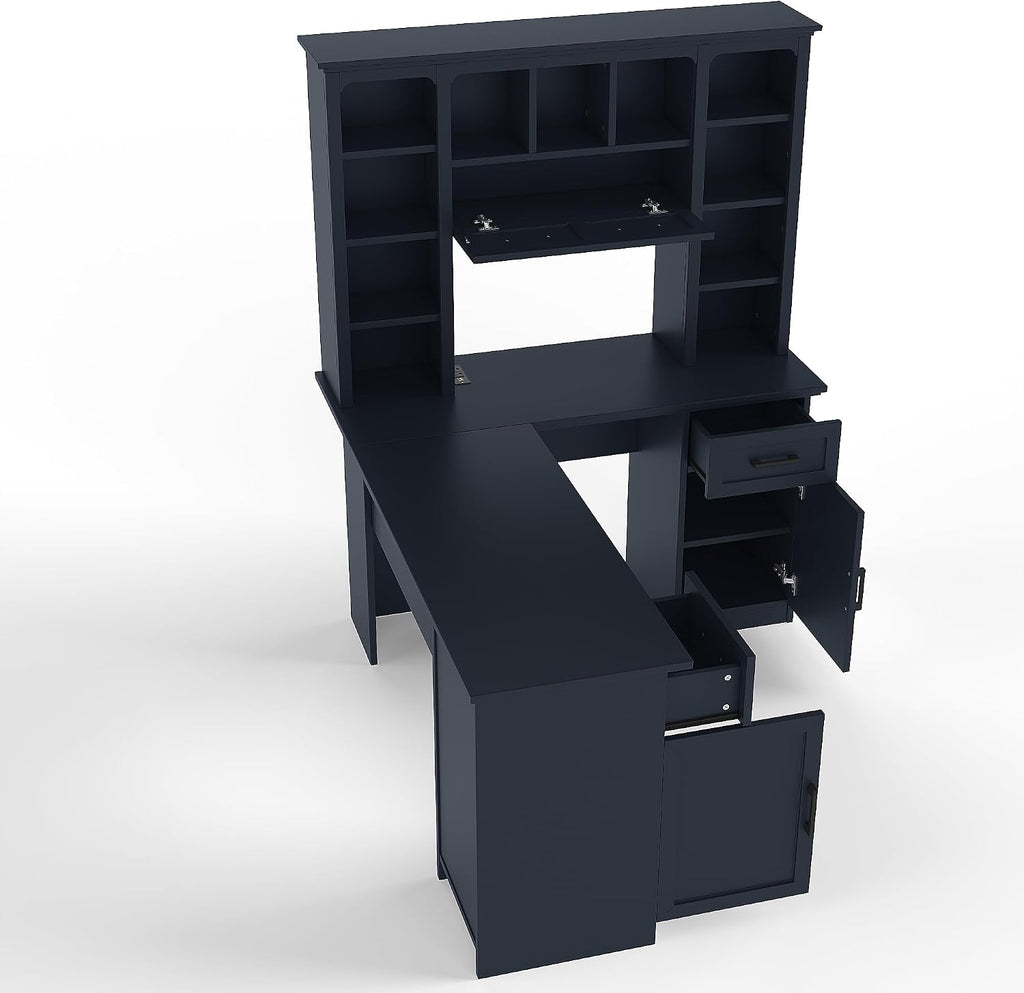 L Shaped Desk With Hutch, Corner Computer Desk With Storage Shelf & Cabinet, Laptop Pc Table Gaming Desk Workstation, Modern Executive Study Writing Desk For Home Office, Bedroom (Antique Blue)