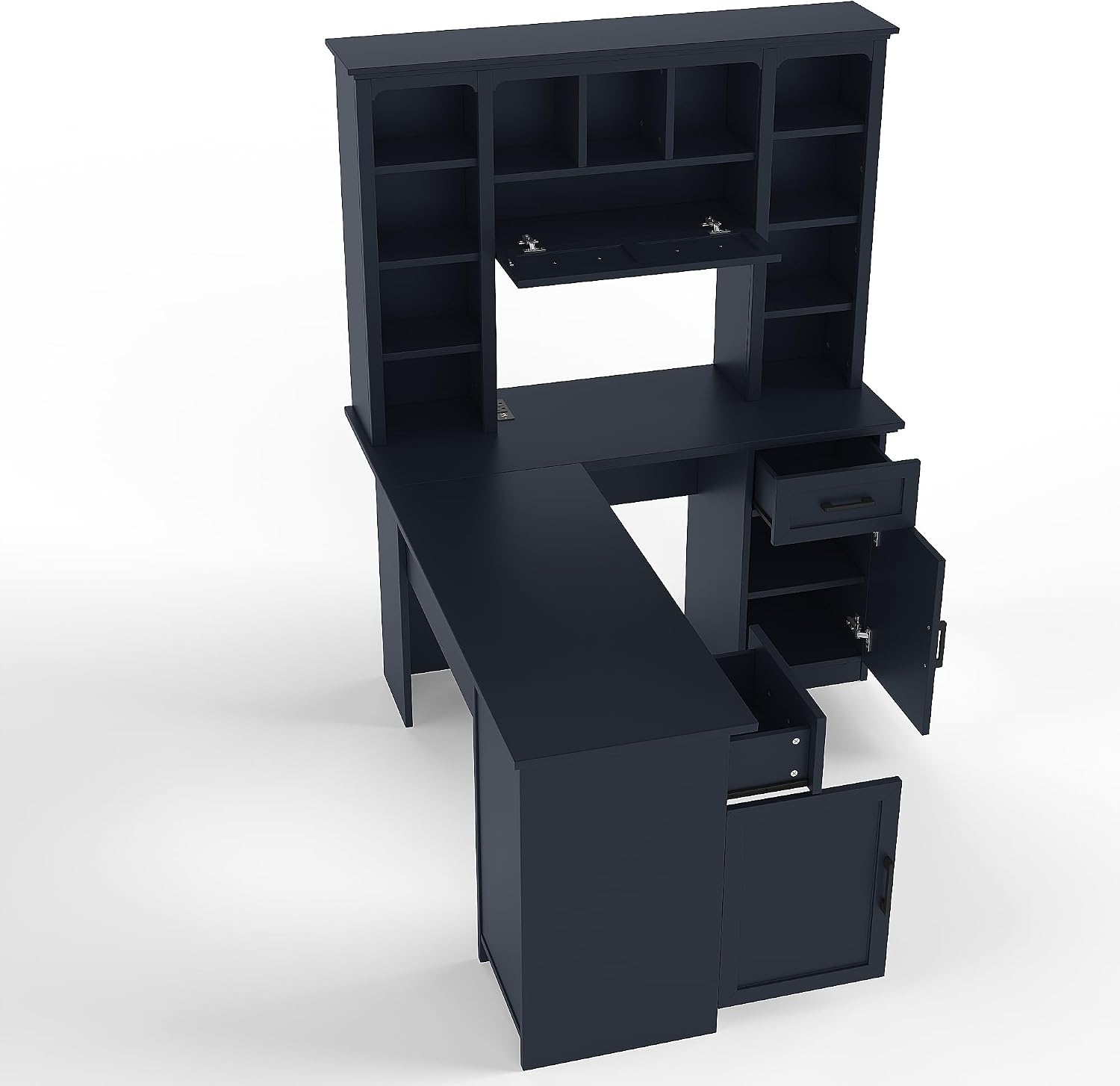 L Shaped Desk With Hutch, Corner Computer Desk With Storage Shelf & Cabinet, Laptop Pc Table Gaming Desk Workstation, Modern Executive Study Writing Desk For Home Office, Bedroom (Antique Blue)