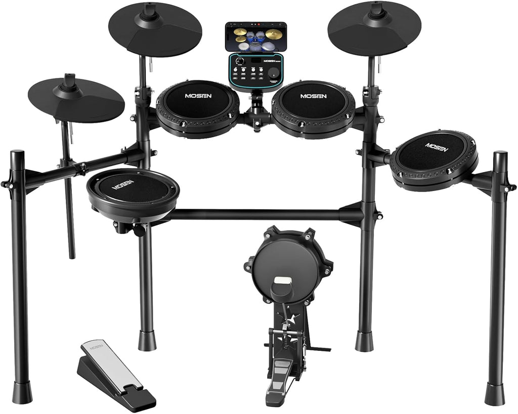 MOSEN MED-X5 Electric Drum Set Mesh Drum Pads, Phone Holder, Sticks, Adjustable cymbals, Kick drum, Headphones, USB MIDI, 260+ Sounds and 30 Drum Kits for Beginner