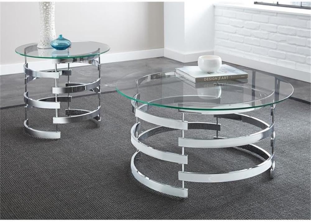 BOWERY HILL End Table Coffee Accent Table, Round, Contemporary, Indoor in Glass Top and Wood, Chrome