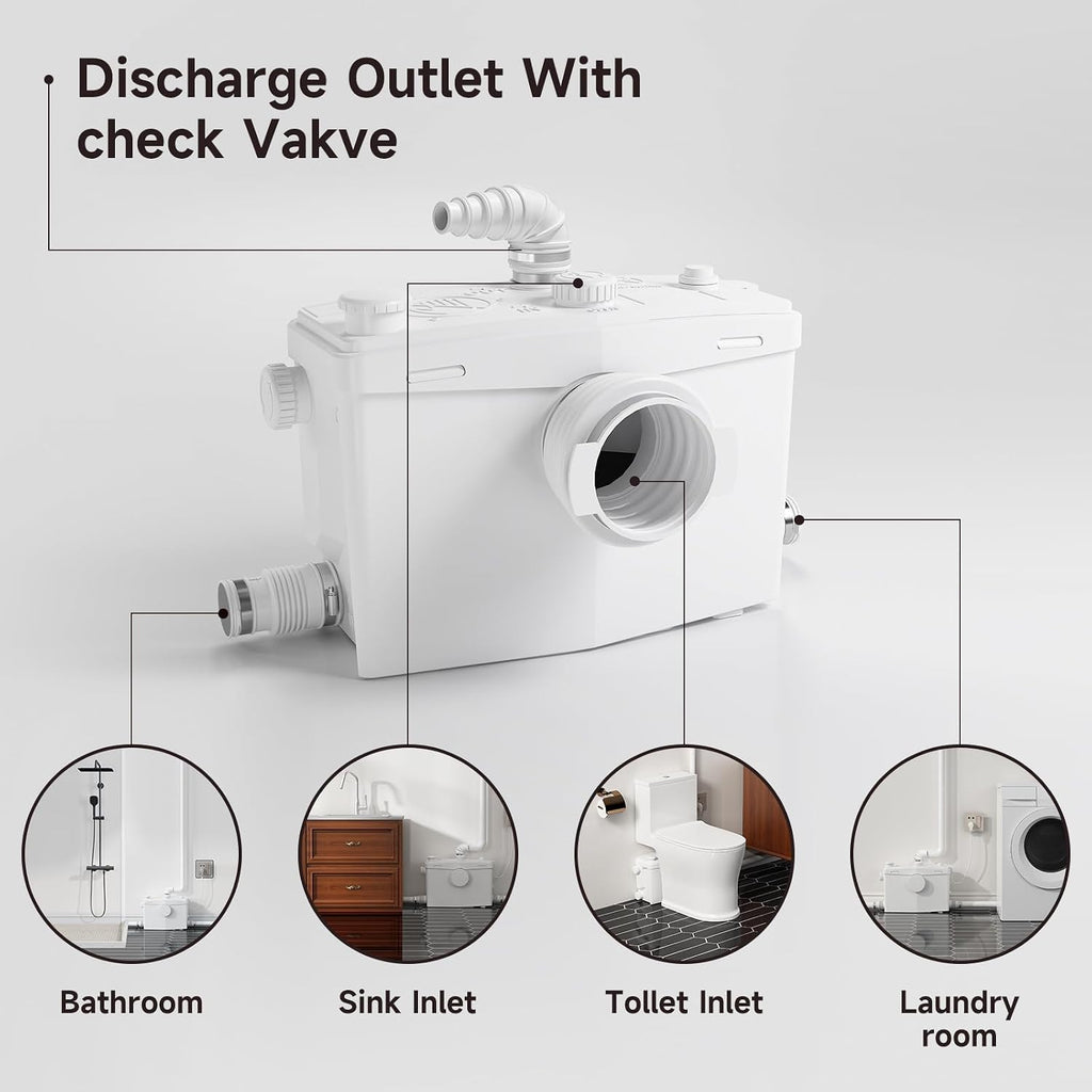 36ft Upflush Macerating Toilet System, Basement Toilet with Macerator Pump, One Piece Full Skirted, Flexible Top or Side Drain Port for Household Commercial Use, 1HP, 120V, CEC Approved