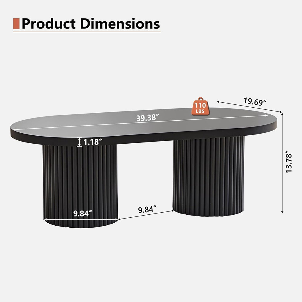 Small Fluted Coffee Table, Farmhouse Oval Wood Coffee Table Mid Century Modern Center Table Boho Living Room Tables for Living Room, Black