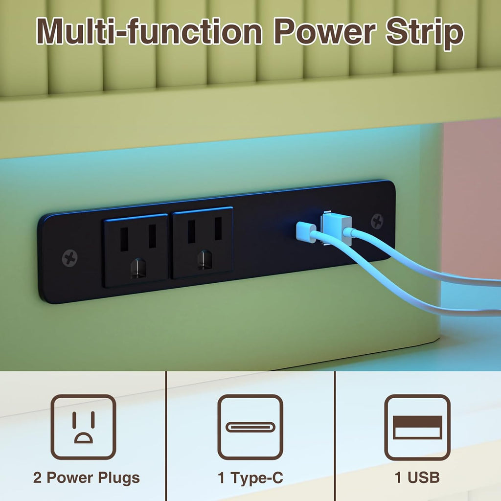 Set of 2 LED Light End Table with Charging Station, Green Mid Century Bedside Table with USB Type A C Ports, Small Fluted Accent TV Control Nightstand with Sliding Door for Living Room, Curvy Edge