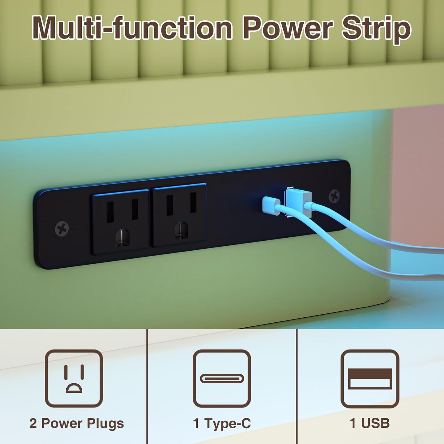 Set of 2 LED Light End Table with Charging Station, Green Mid Century Bedside Table with USB Type A C Ports, Small Fluted Accent TV Control Nightstand with Sliding Door for Living Room, Curvy Edge