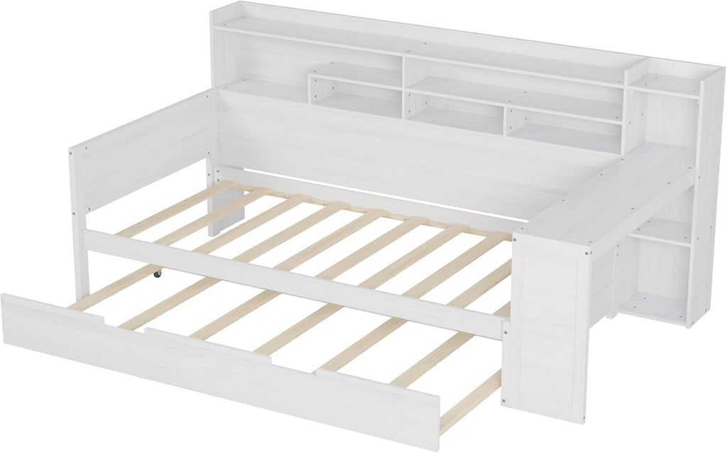 Wood Twin Size Corner Day Bed with Twin Trundle and Desk,L Shape Corner Daybed Frame with Storage Shelves and Wood Slat Support for Kids Teens Bedroom Guest Room,No Box Spring Needed,Antique White
