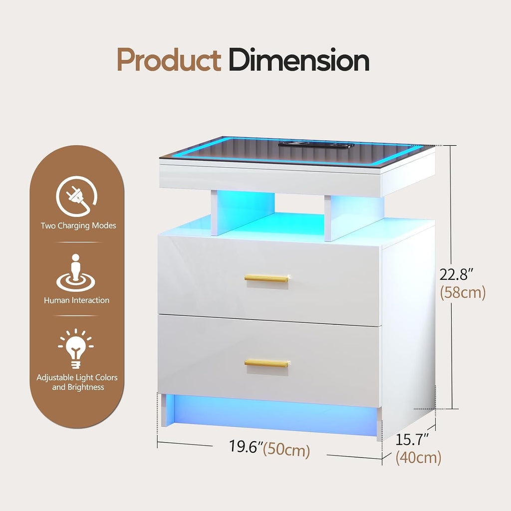 LED Nightstand Set 2 with Wireless Charging Station,White Night Stand with 2 Drawers,Glass Top Smart Bedside Table,Modern End Table Side for Bedroom,Living Room,Office