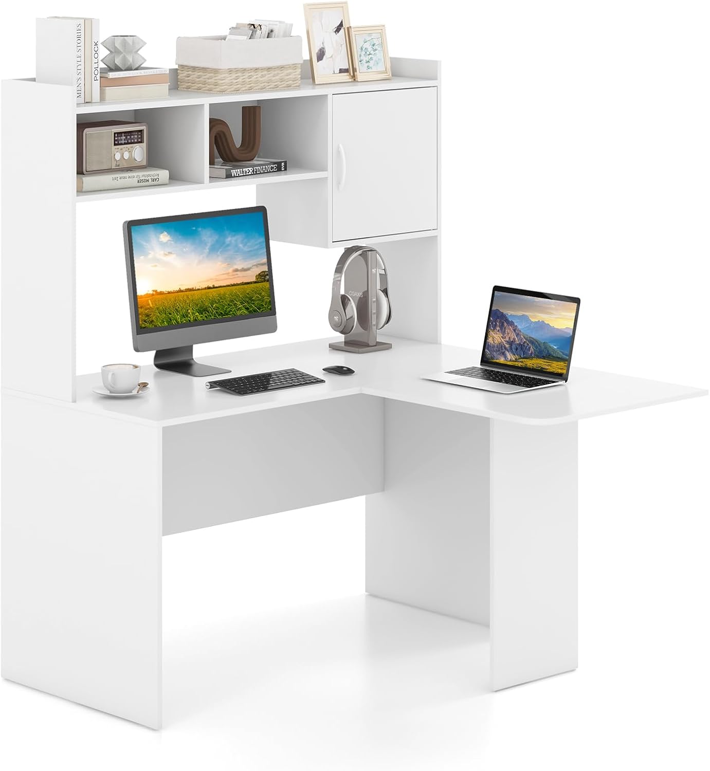 GOFLAME L-Shaped Desk with Open Storage Hutch, Corner Computer Desk with Shelves & Cabinet, Modern Writing Study Desk for Home Office, Laptop PC Desk Gaming Desk, White