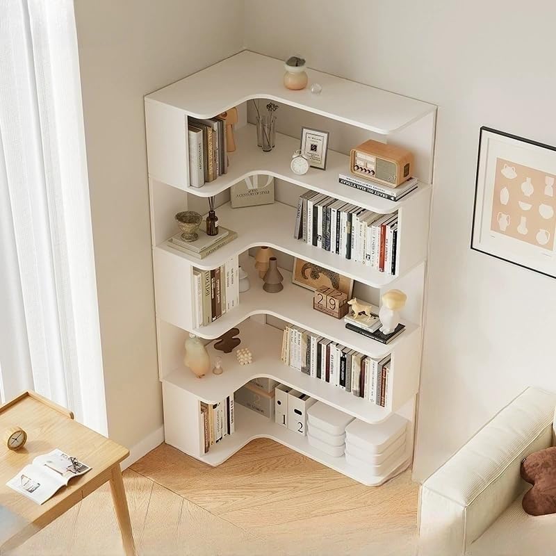 LITFAD Modern Vertical Corner Bookshelf Solid Wood Floor Bookcase with Shelves & Open Back Design Living Room Storage Shelves - White 24' L x 35' W x 63' H