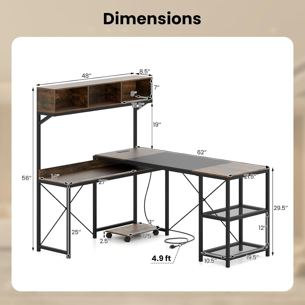 Tangkula 62' Reversible L-Shaped Computer Desk with Hutch & Power Outlets, Corner Computer Desk with 3 Compartments, Shelves & Mobile CPU Stand, Reversible Gaming Table Workstation for Home Office