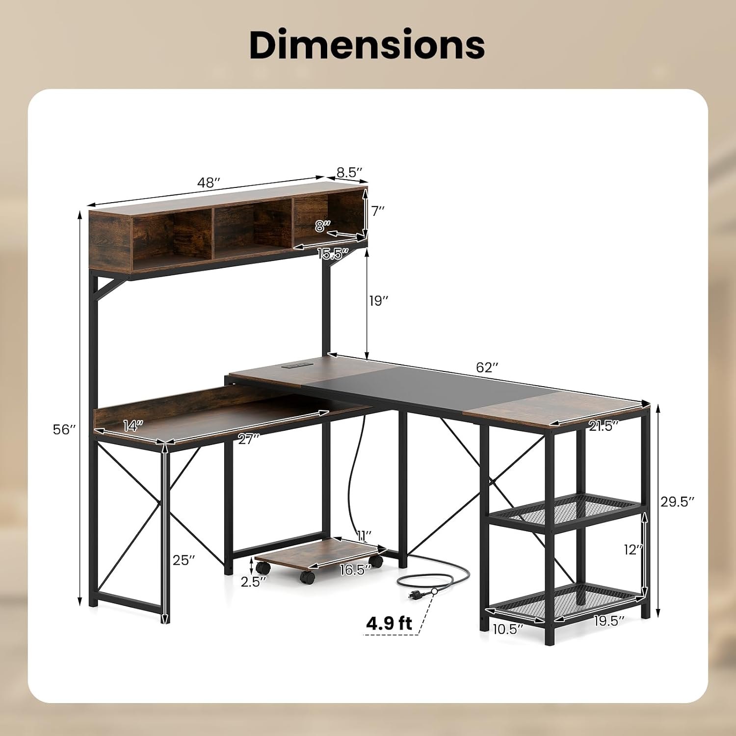 Tangkula 62' Reversible L-Shaped Computer Desk with Hutch & Power Outlets, Corner Computer Desk with 3 Compartments, Shelves & Mobile CPU Stand, Reversible Gaming Table Workstation for Home Office
